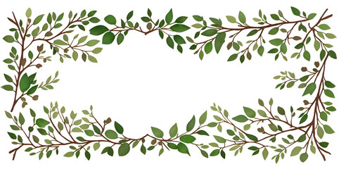 Green twigs and leaves on a white background. Place for text.