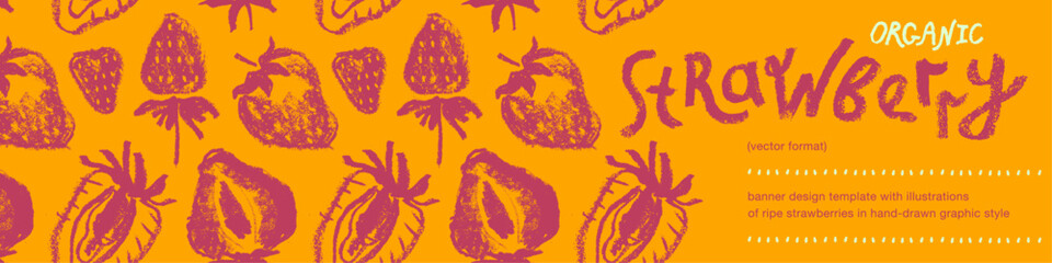 Template yellow banner with drawings of ripe strawberries vector. Strawberry pattern seamless. Red berries for vegan food, juice, jam label design. Strawberry smoothie backdrop or yogurt background.