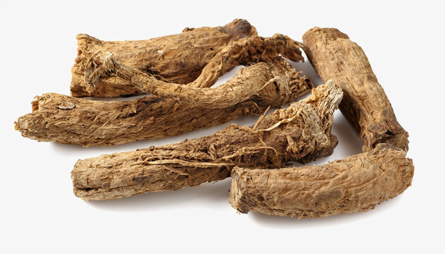 Closeup of Dry Sweet flag or Vach (Acorus calamus) roots, isolated on white background.