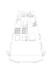 Outline Armored troop carrier. Military machinery drawing vector illustration. BTR.