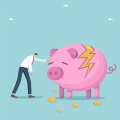 Recession and economic crisis, inflation or decrease in the value of money, financial difficulties or bankruptcy, falling currency or stock markets, investment risk, upset man near broken piggy bank.