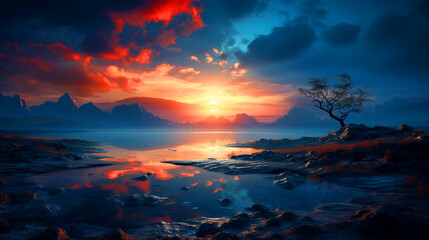 Majestic orange sunset view over the mountains - ai generative