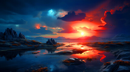 Fototapeta na wymiar Majestic orange sunset view over the mountains - ai generative