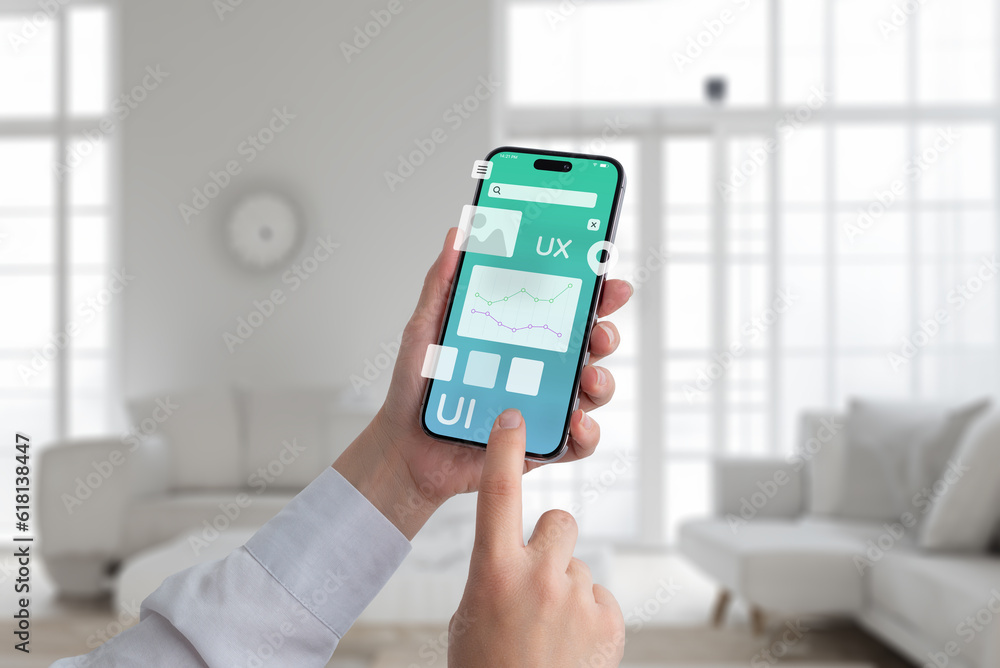 Poster User interface concept. Smart phone in hands with flying app design elements