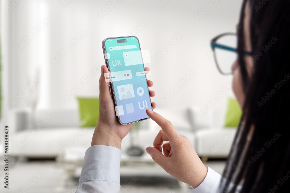 Poster User interface and experience concept app on smart phone in woman hands. Clean design with flying app modules concept