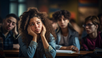 Education And Learning Concept. Portrait of tired and bored student sitting at desk in classroom at school, dreaming and thinking, looking away at window, resting head on hand. Female teenager