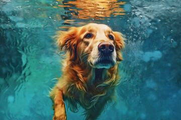 underwater dog funny pool water puppy swimming snorkeling vacation fun. Generative AI.