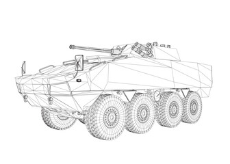 Wireframe Armored troop carrier. Military machinery drawing vector illustration. BTR 3D.