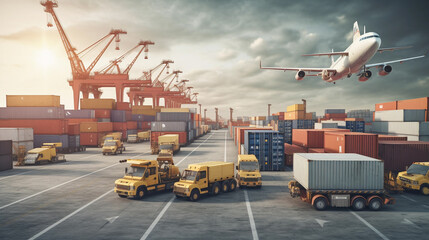 Logistic company presentation photo with ariplanes, ships, trucks and storage containers concept ai
