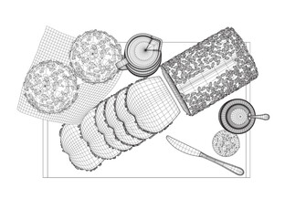 Wireframe breakfast style drawings. Vector hand drawn set breakfast. Jug of milk, coffee pot, cup, juice, sandwich. Pancakes, toast with jam for design market product. 3D.