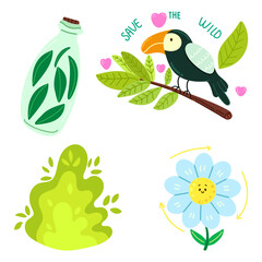 Ecology flat vector concept illustration on green positive thinking. Waste sorting, Recycling, Green energy, Save the planet, bio farming. Creative landing web page illustrations set.
