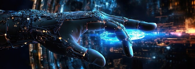 Obraz na płótnie Canvas The human hand touches artificial intelligence