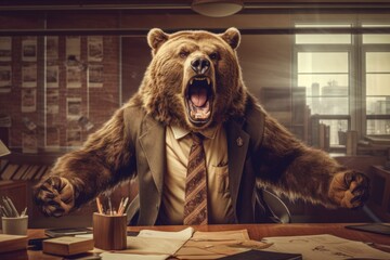 Angry roaring bear wearing suit, metaphor on the theme of types of office worker, ai tools generated image