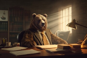 Real bear wearing suit, metaphor on the theme of types of office worker, ai tools generated image