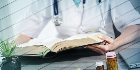 Female doctor reading a textbook, geometric pattern