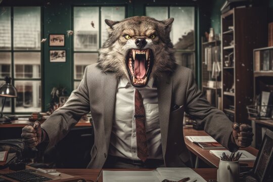 Angry wolf wearing suit, metaphor on the theme of types of office worker, ai tools generated image