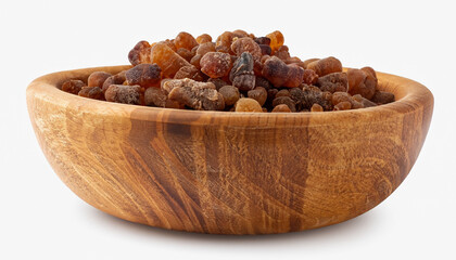 Frankincense resin in wooden bowl, isolated on white background. Pile of natural frankincense Olibanum. Incense.
