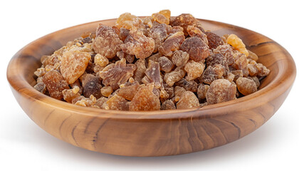 Frankincense resin in wooden bowl, isolated on white background. Pile of natural frankincense...