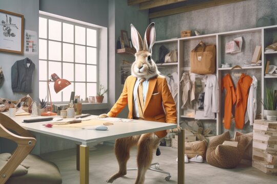 Real hare wearing suit, metaphor on the theme of types of office worker, ai tools generated image