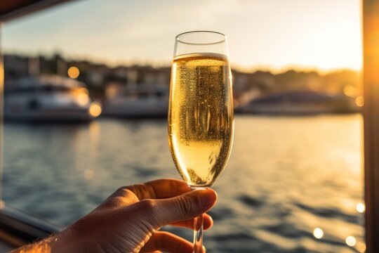 hand holds a glass with sparkling wine on a yacht at the sunset, ai tools generated image