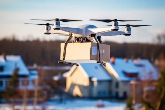 a delivery quadcopter carries a box through the air against the backdrop of a subburbs, ai tools generated image