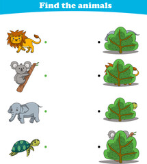 Obraz premium Finding Hiding Animals Child Exercise Sheet lion koala elephant turtle printable
