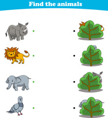 Finding Hiding Animals Child Exercise Sheet rhino lion elephant dove printable