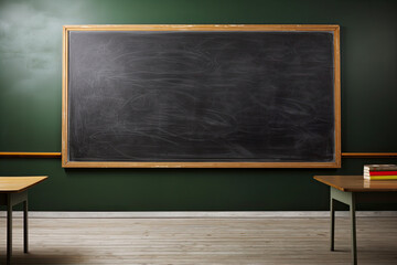 A large empty graphite blackboard in a classroom with desks. - obrazy, fototapety, plakaty