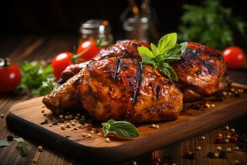 Grilled chicken on a wooden board with basil and tomatoes.