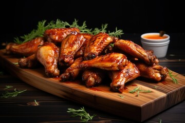 Chicken wings in barbecue sauce with herbs on a wooden board.