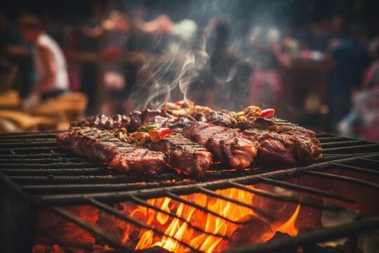 Meat on the grill with a blurred street food festival in the background.