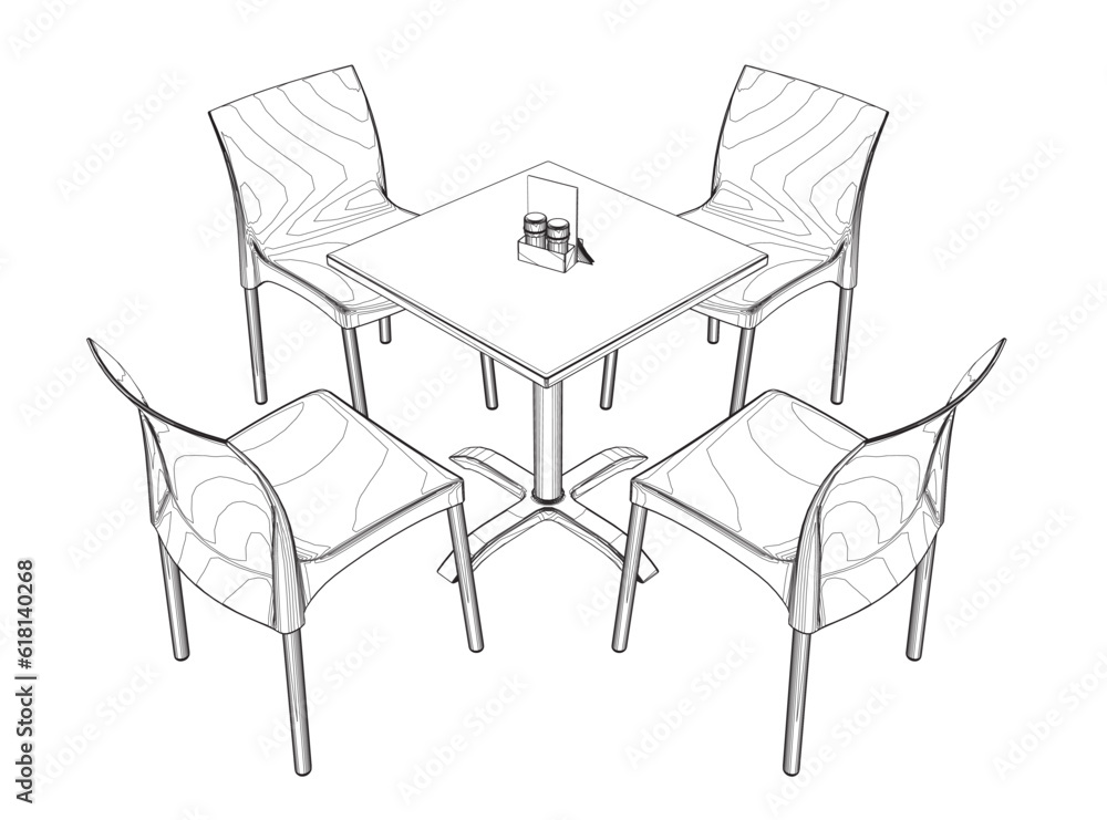 Poster contour modern round table with chairs. vector illustration. hand drawn vector line art sketch of a 