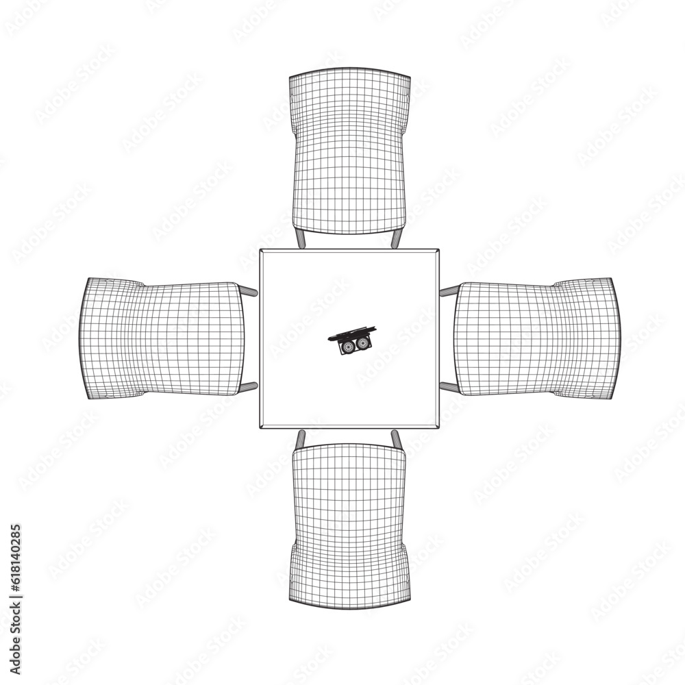 Poster Wireframe Modern round table with chairs. Vector illustration. Hand drawn vector line art sketch of a dining table with chairs. 3D.