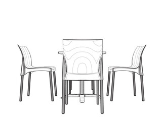 Contour Modern round table with chairs. Vector illustration. Hand drawn vector line art sketch of a dining table with chairs.