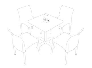 Fototapeta premium Contour Modern round table with chairs. Vector illustration. Hand drawn vector line art sketch of a dining table with chairs.