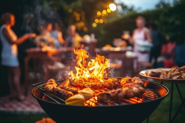 Evening barbecue party with grilled meat and vegetables. - obrazy, fototapety, plakaty