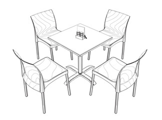 Contour Modern round table with chairs. Vector illustration. Hand drawn vector line art sketch of a dining table with chairs.