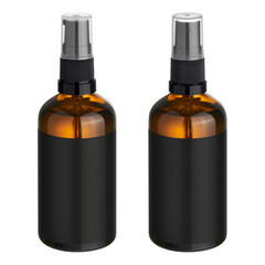 Amber brown glass or plastic transparent cosmetic bottles with black glossy dispenser pump and sprayer, filled with essential oil or serum, variable set. Isolated mockup on white background