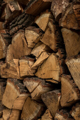 Fototapeta na wymiar Firewood. Stacked firewood. A stack of firewood. Wood. Brown. Yellow. Beige. Background. Wallpaper. Wood background. Wooden background. Pilets. Chips. Felled trees. Tree. Trees. Wood decks. ​