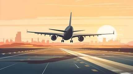 back view Passenger plane comes in for landing on the runway of the city airport. The illustration is multichrome orange, blue and grey. AI generated