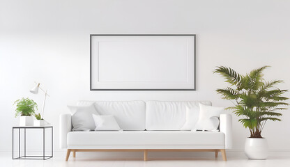 Horizontal poster mockup in gray minimalist frame in light white scandinavian living room interior with green plant patches. Ai generative