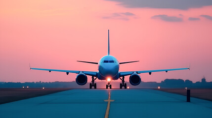 Fototapeta na wymiar Passenger plane landing on the runway of the airport in the city against the backdrop of a sunset in pink and purple colors. Сreated AI