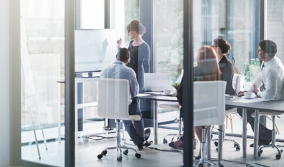 Teacher, monitor or business people in presentation for sales report, vision or data analysis in...
