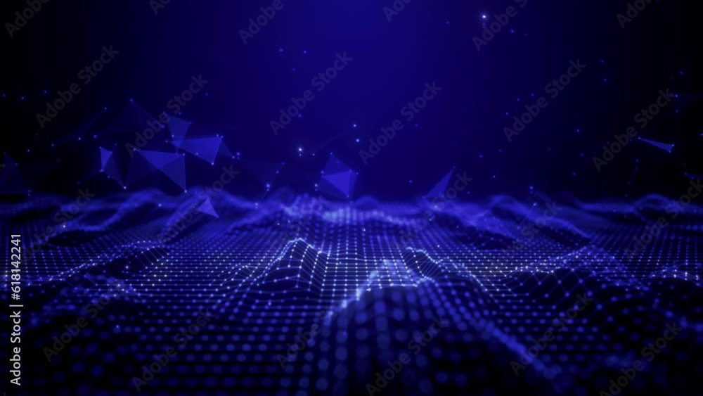 Poster blue particles wave flowing with lines and dots connection, digital cyberspace is futuristic, techno