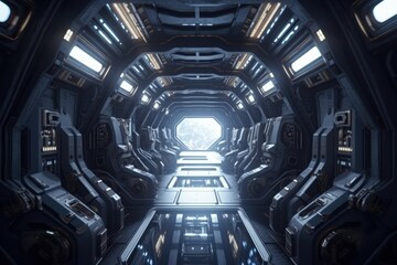  Interior of a technological spaceship, futuristic and fiction concept, digital illustration. Generative AI