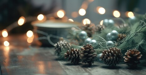 Christmas background with pine cones and pine branches, bokeh background. Generative AI