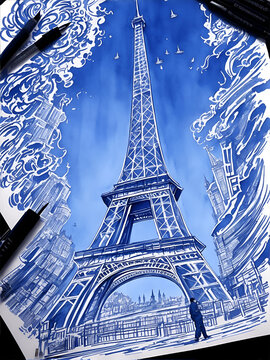 Eiffel Tower pencil drawing. AI generated illustration