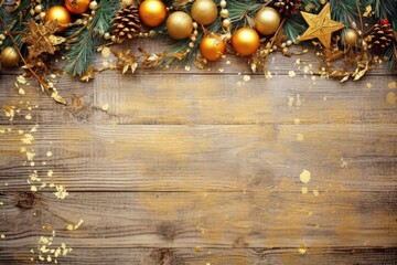 Fototapeta premium Wooden background with christmas decoration, space for writing, christmas holiday concept. Generative AI