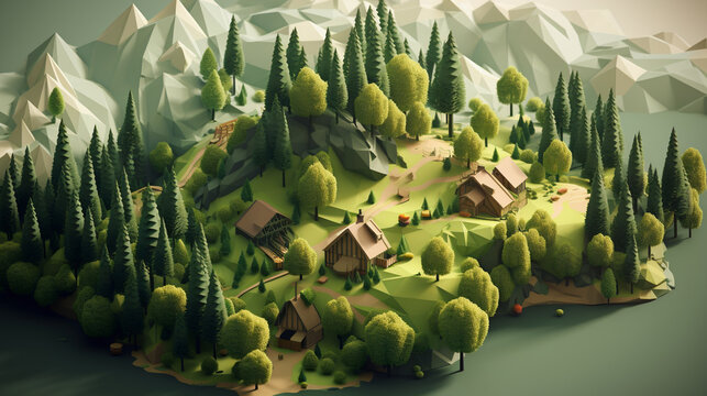 Isometric view of low poly landscape