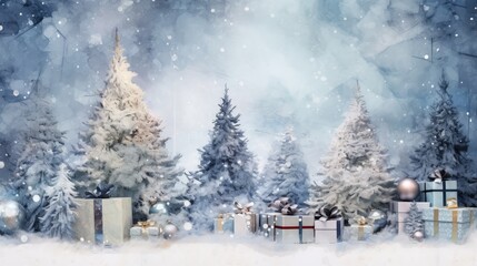 Pine forest in the snow, Christmas gifts, Christmas holiday concept. Generative AI